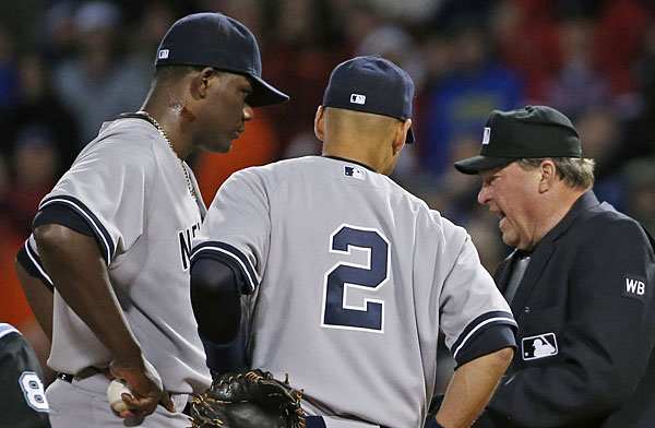 Michael Pineda, Derek Jeter and Gerry Davis